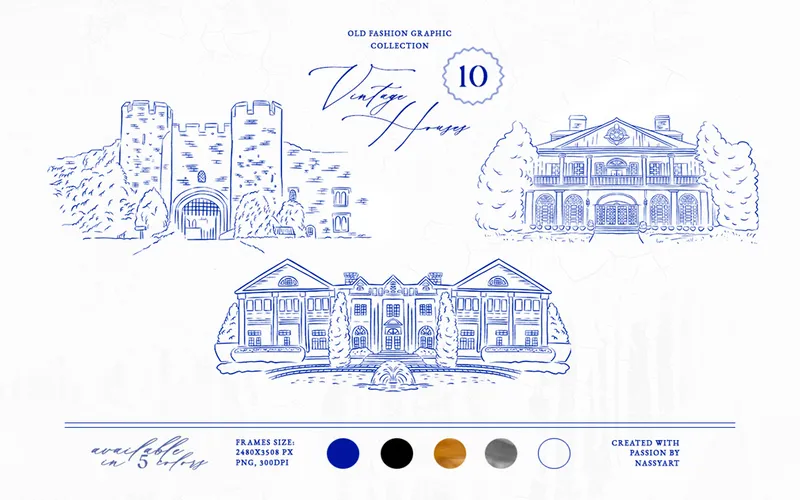 Preview of vintage line art castles