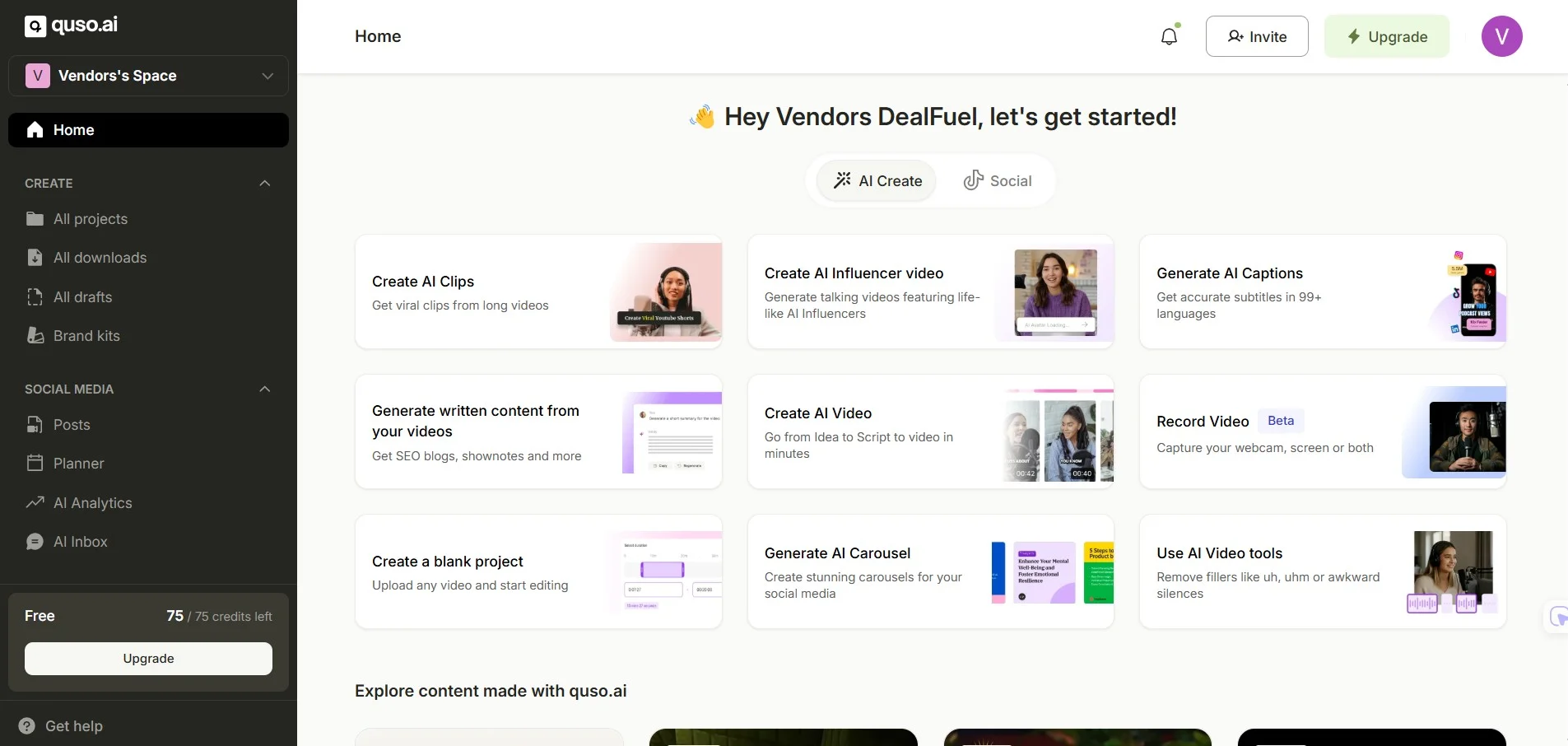 Dashboard UI Of Quso AI Social Management Tool