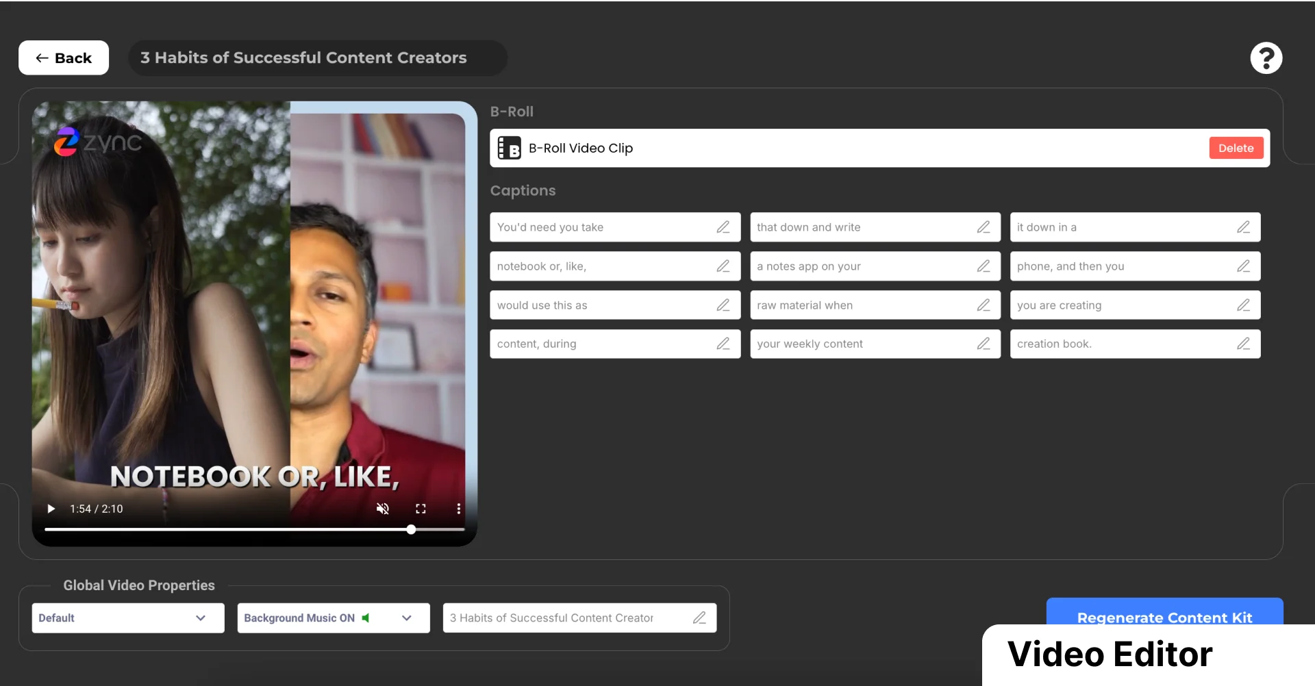 Video Editor UI Of Zync - AI-Powered Recording Studio