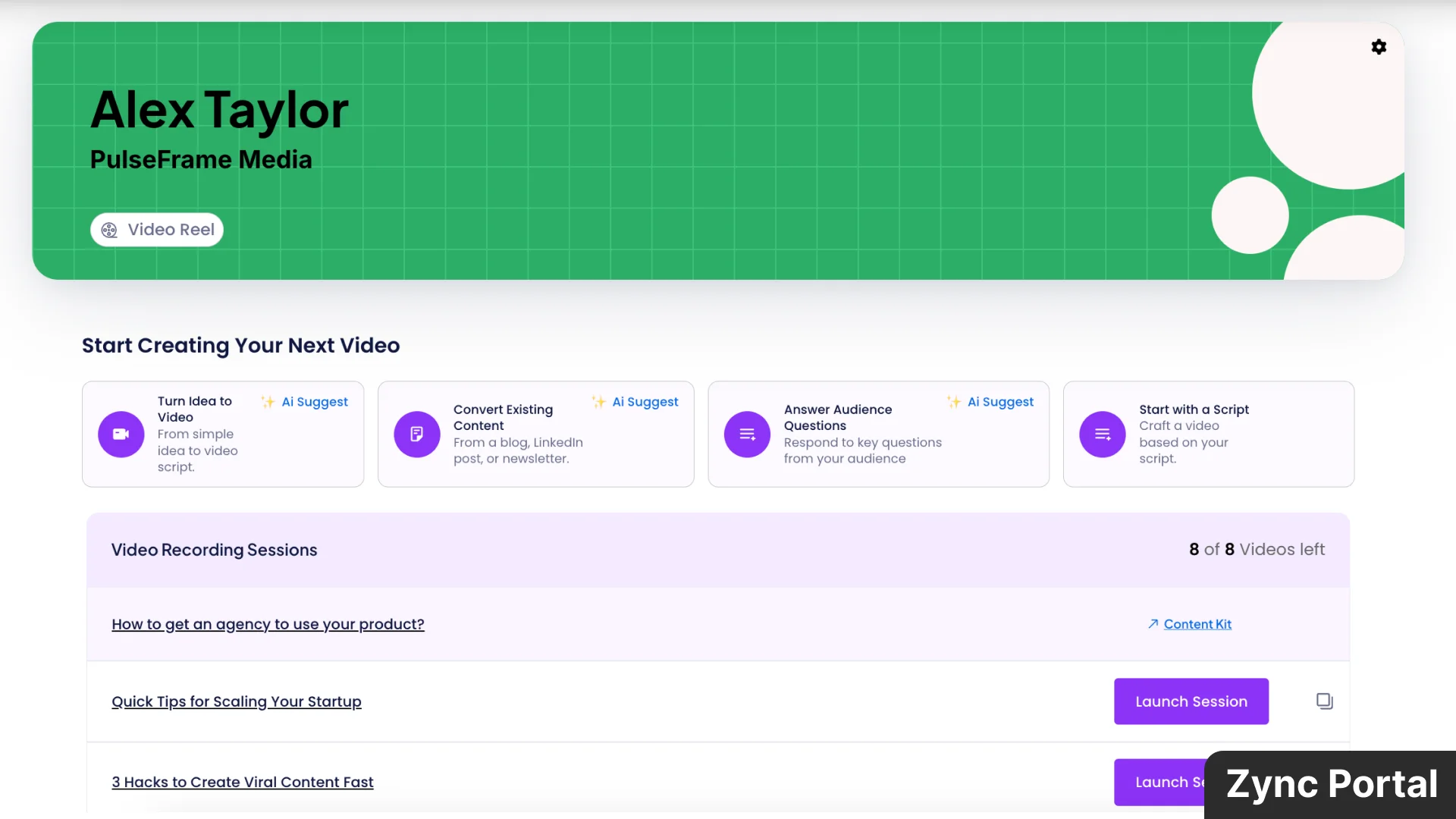 Zync Video Creation Dashboard Create Video With AI