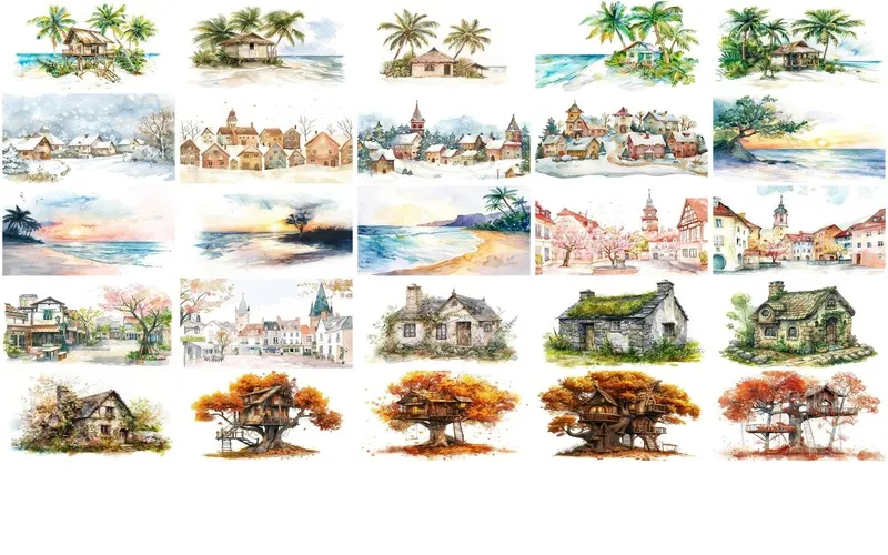 Collage of Treehouses and Beachy Scenes serene scenes preview image