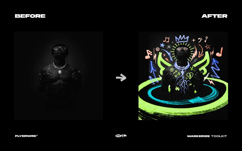Before and After of an image designed with the doodles and symbols