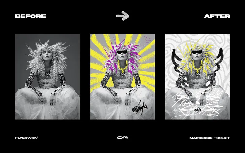Before and After of an image designed with the doodles and symbols