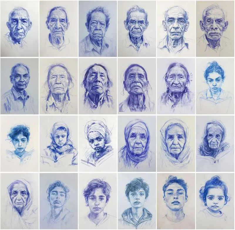 Collage of blue pencil sketches of Asian people
