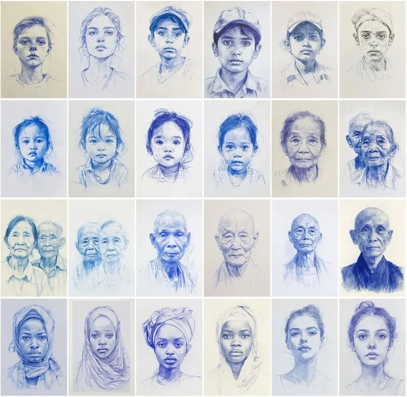 Blue sketch images of children and old aged people