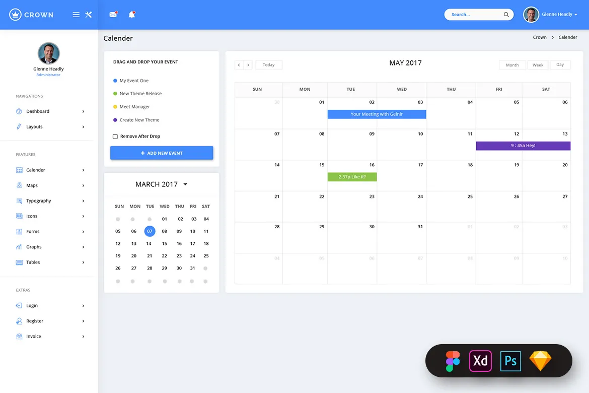 Calendar included in the admin dashboard UI Kit