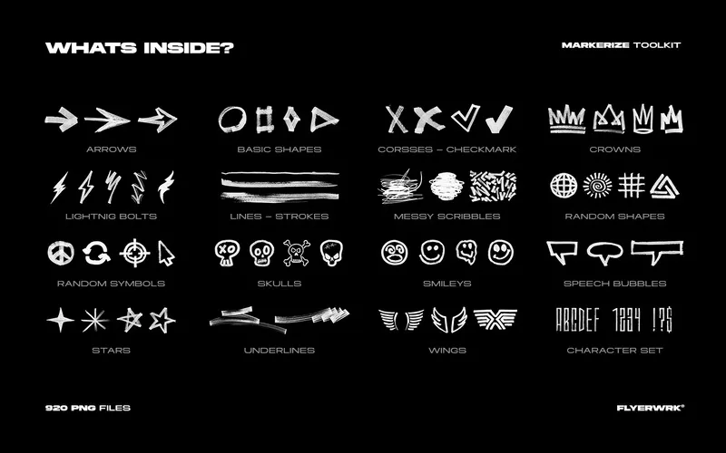 Preview of the graphic elements, symbols, and doodles included in the bundle