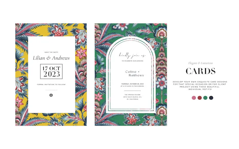 Invitations designed using the floral elements and backgrounds