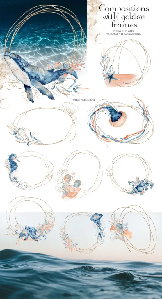 Ocean compositions with golden frames preview image