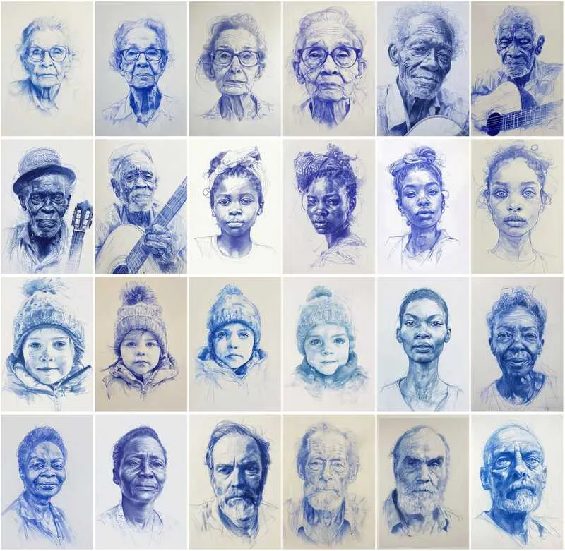 African people sketches in blue outline