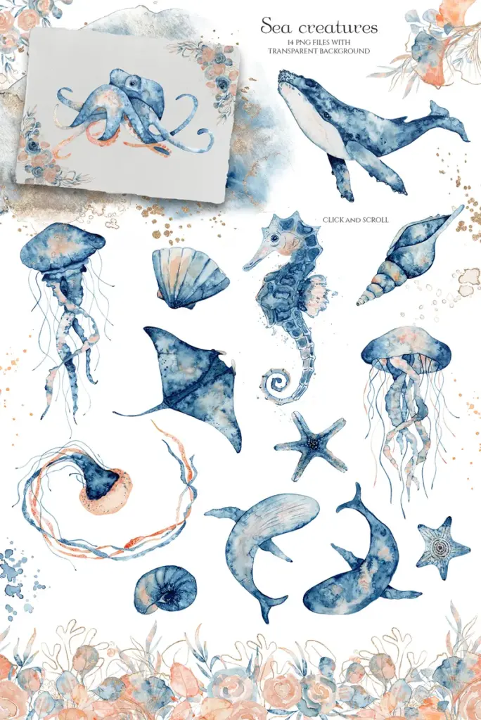 Sea creatures illustrations preview image