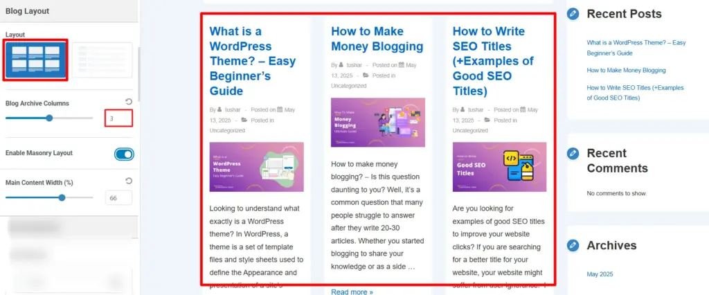 Blog Page Settings Cyberchimps