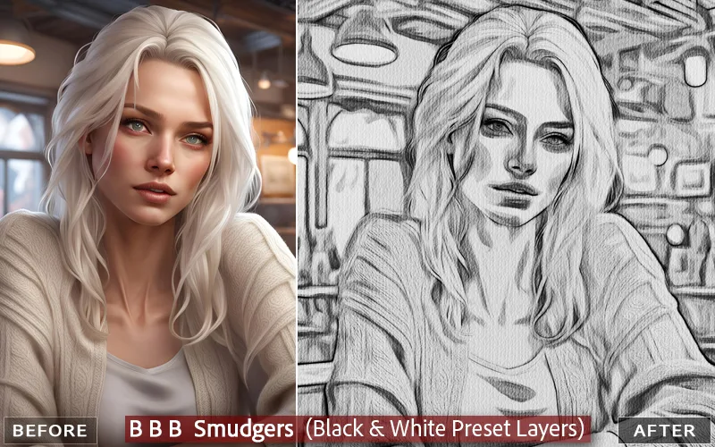 Black and white smudger brush effect applied to an image of a woman