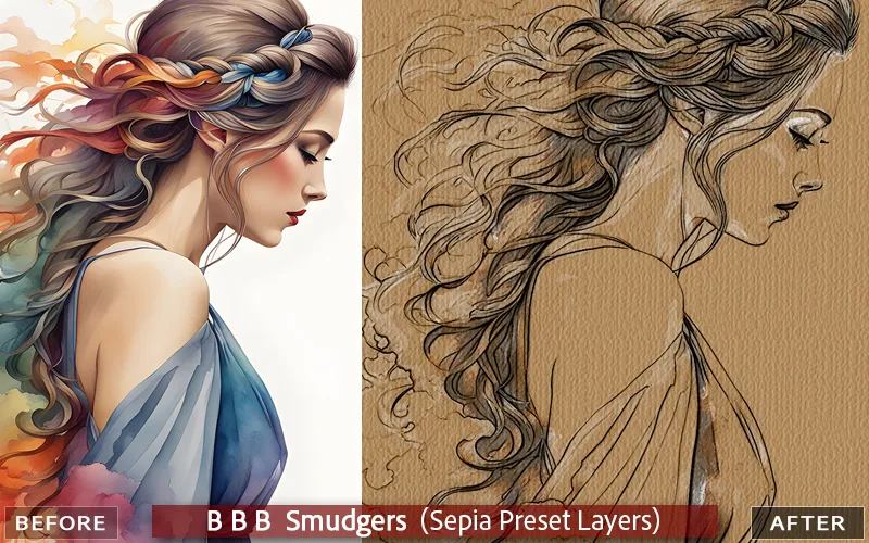 Sepia smudger Photoshop brush effect applied to an image of a woman