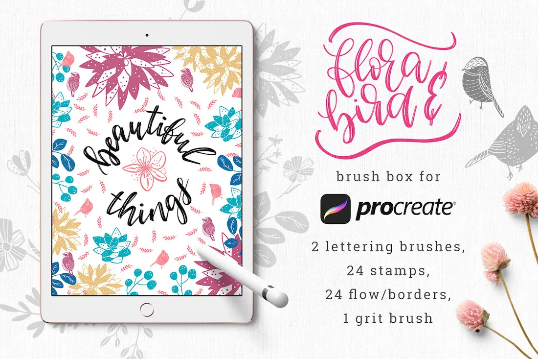 Floral Birds Procreate Brushes Preview