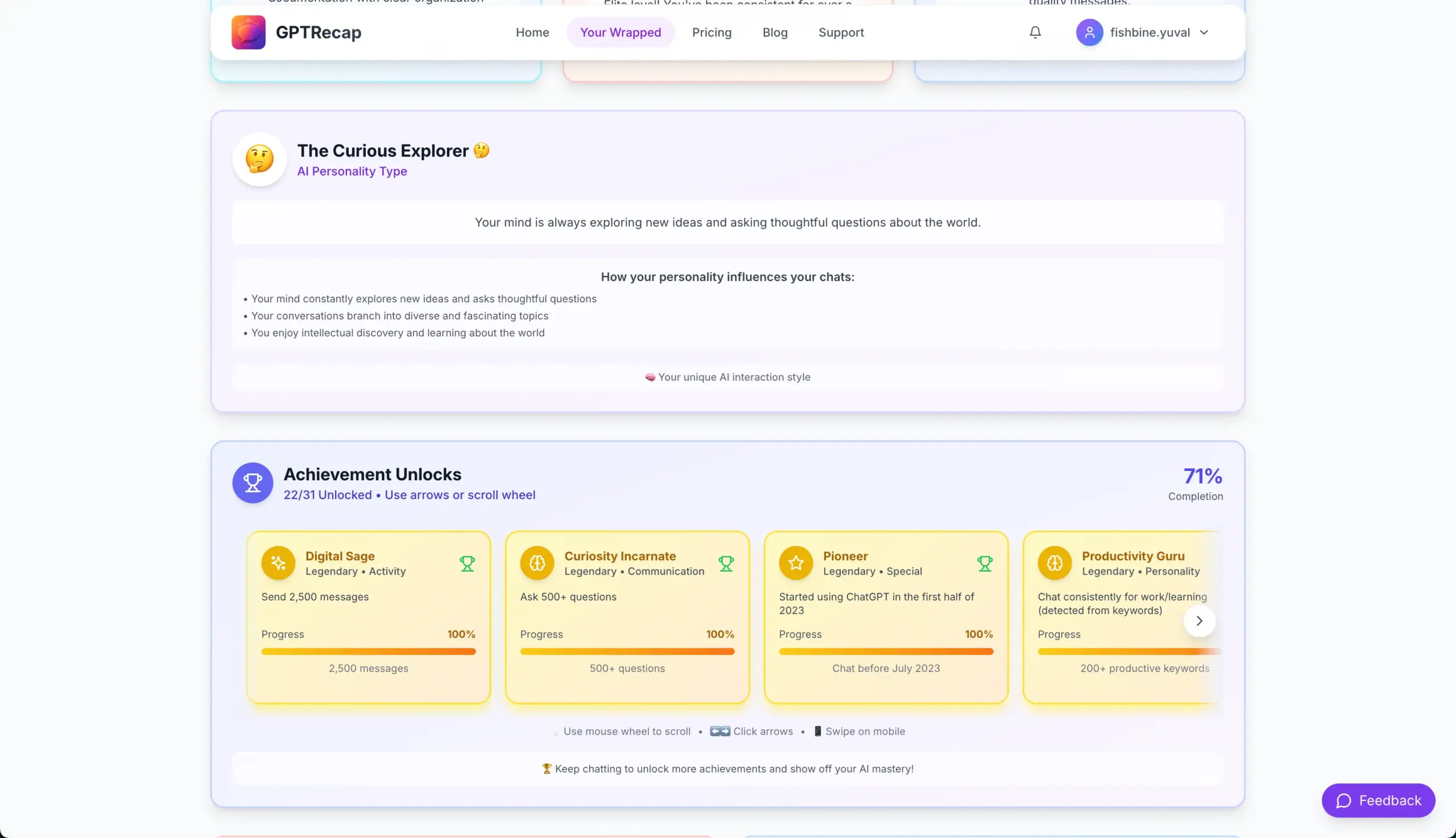 Preview of Personality Achievements in GPTRecap AI Wrapper & Data Analysis Tool