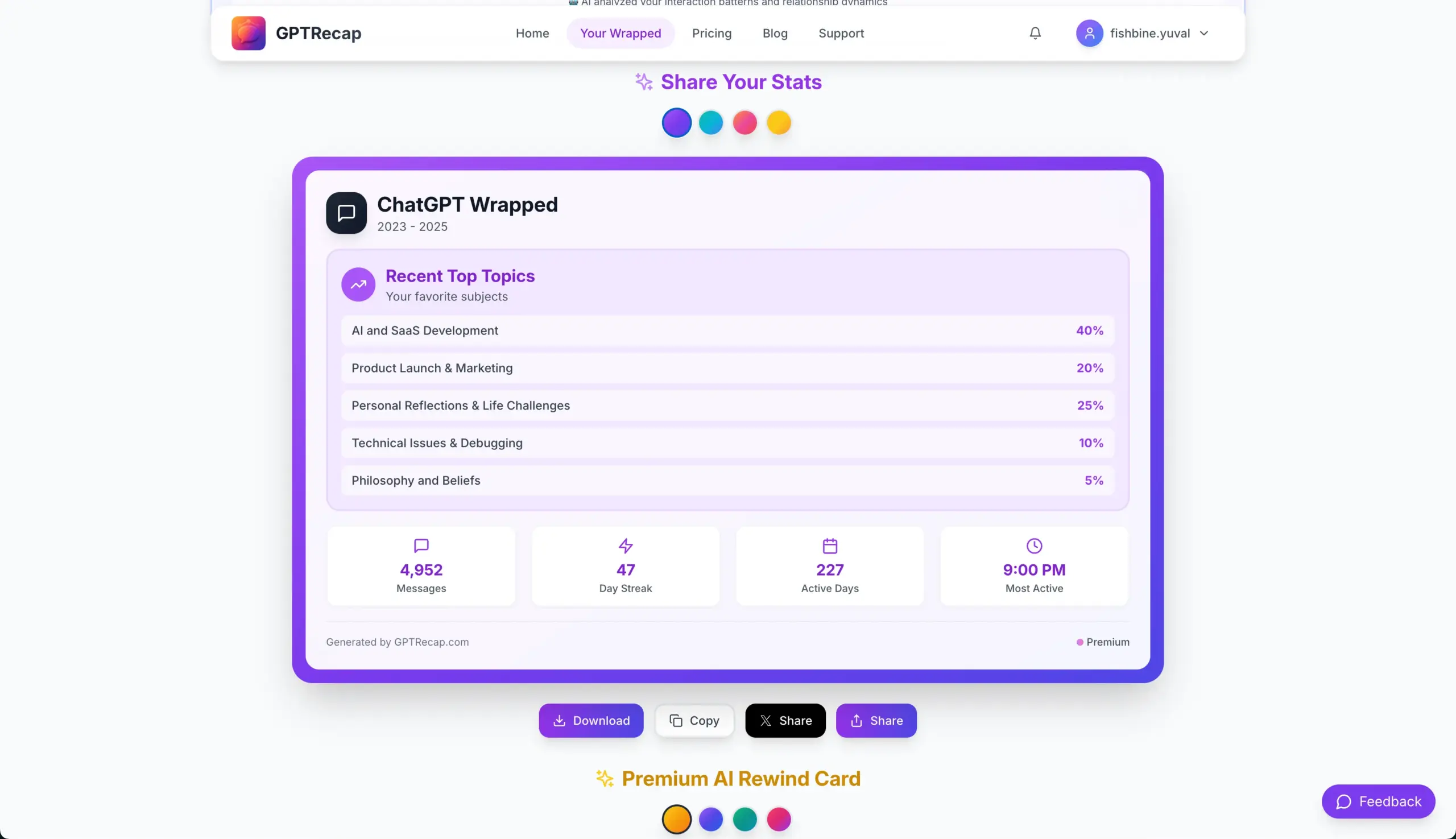 Sharable Statistics in GPTRecap AI Wrapper & Data Analysis Tool