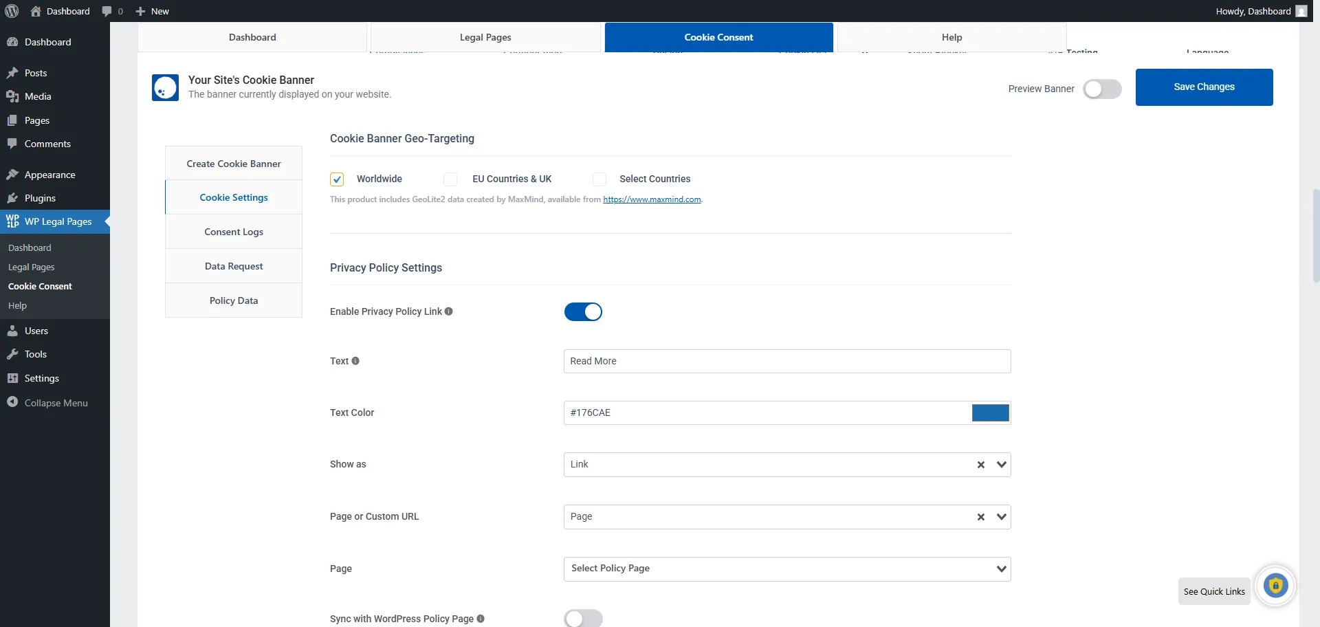 Preview of geo targetting in WP Legal Pages Compliance Platform