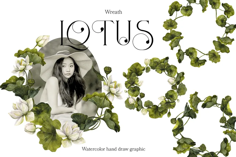 Preview of watercolor green lotus wreaths