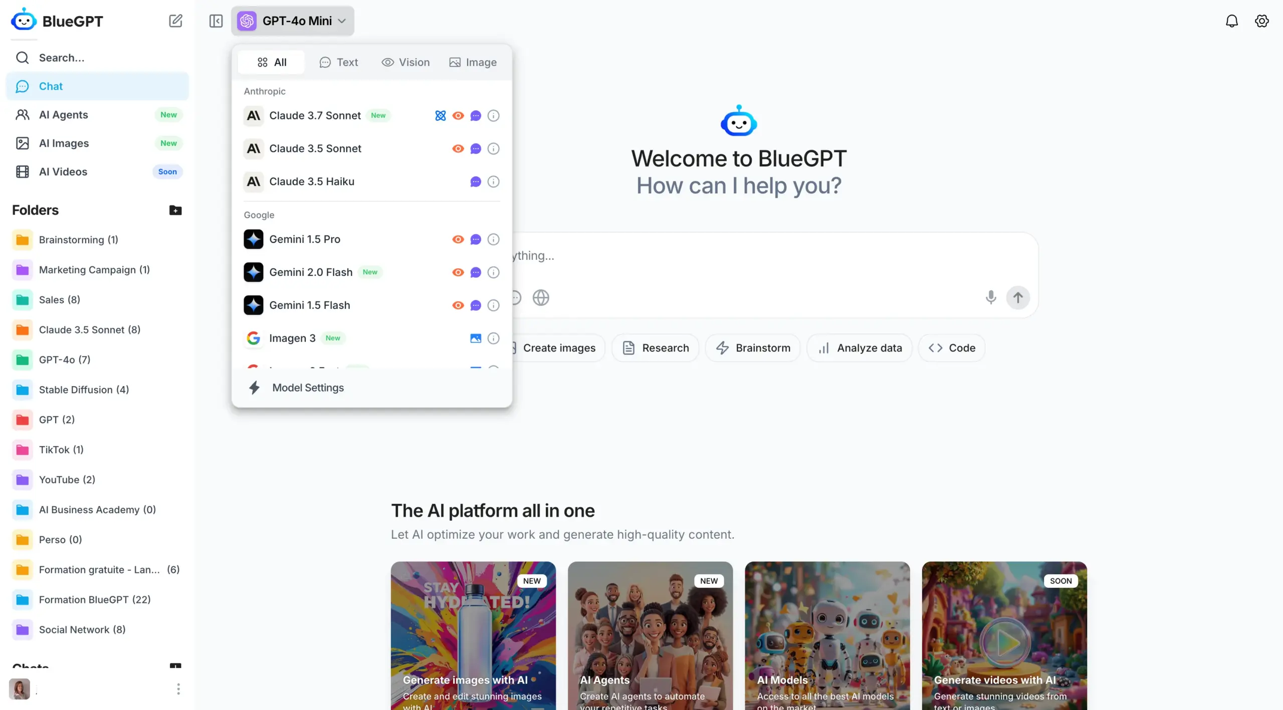 Interface of BlueGPT All-in-one content creator