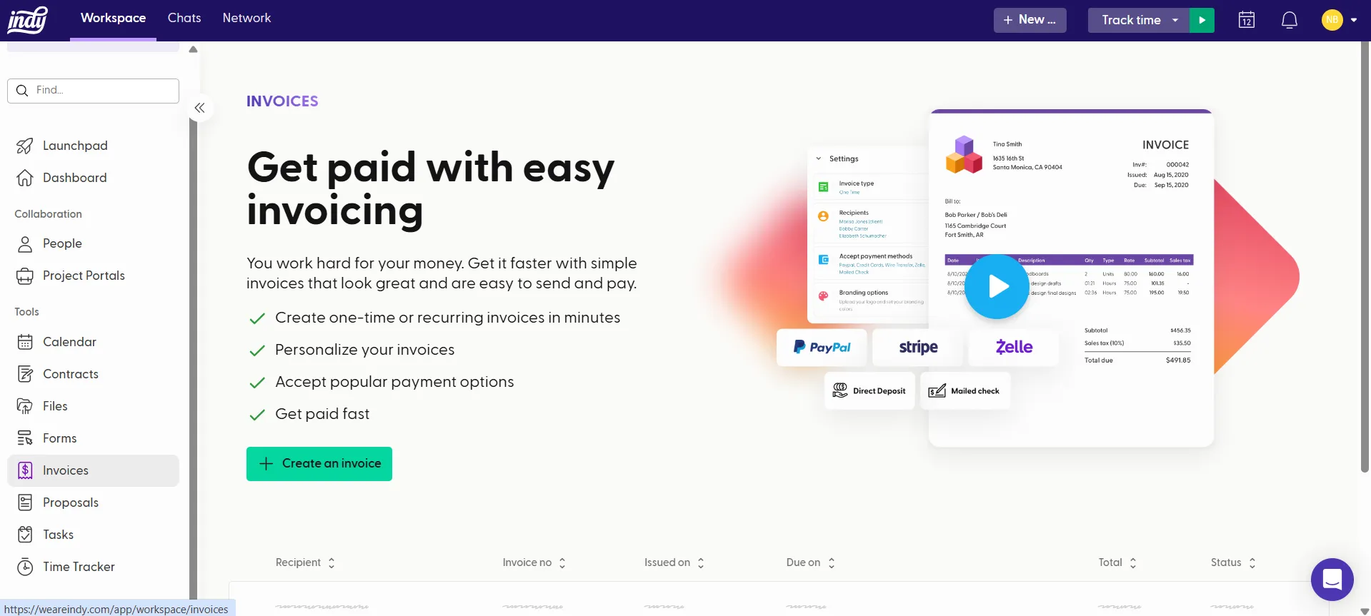 Preview of invoice generating feature of Indy Business Management Platform