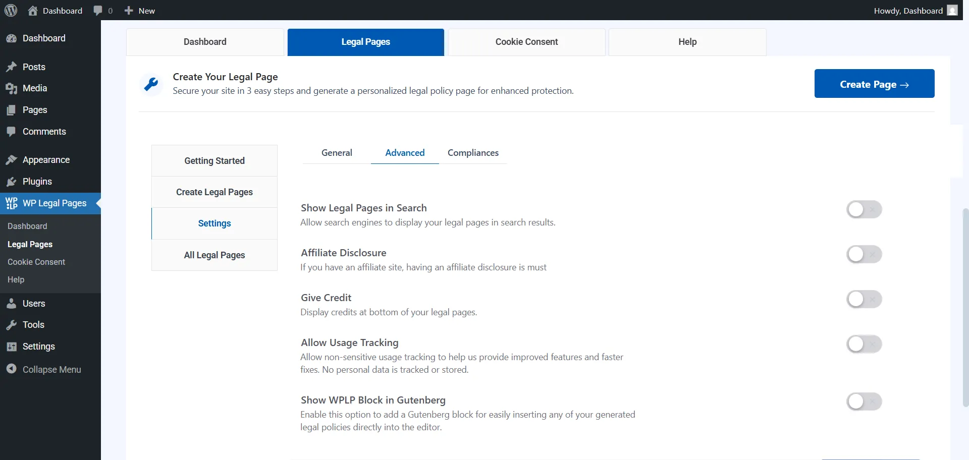Preview of legal settings in WP Legal Pages Compliance Platform