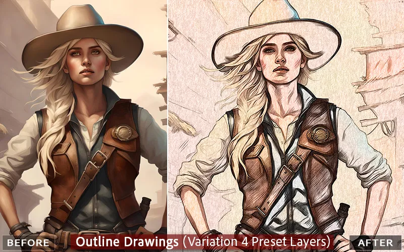 Outline Drawing PS effect applied to an image of a cowgirl