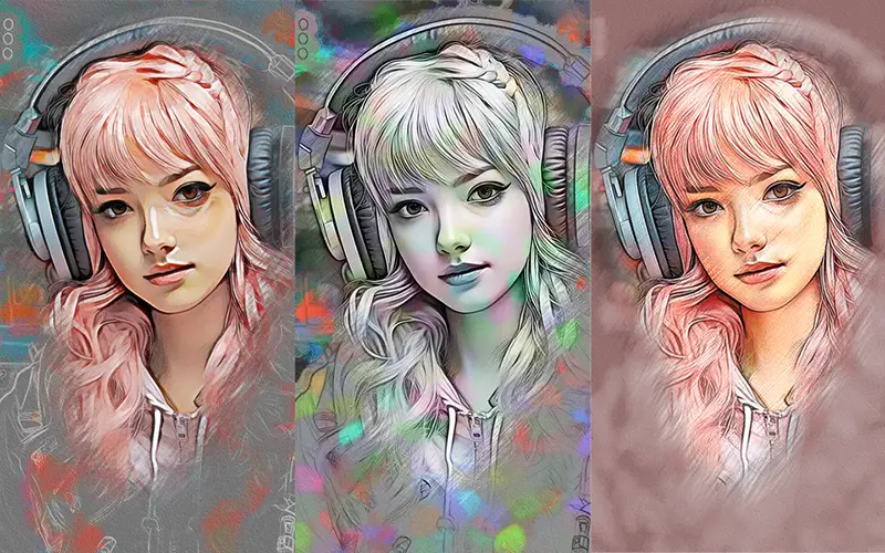 Preview of portrait effects applied to an image of a girl with headphones