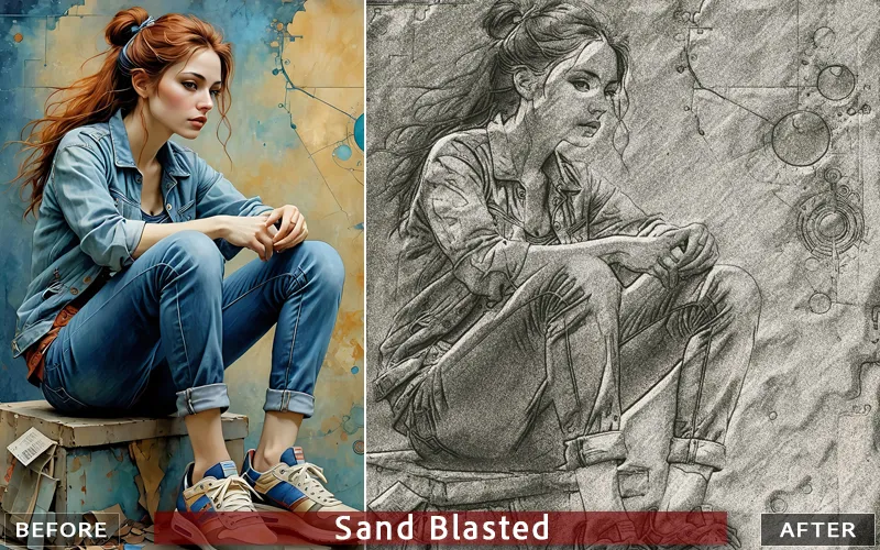 Sand-blasted Photoshop brush effect applied to an image of a girl