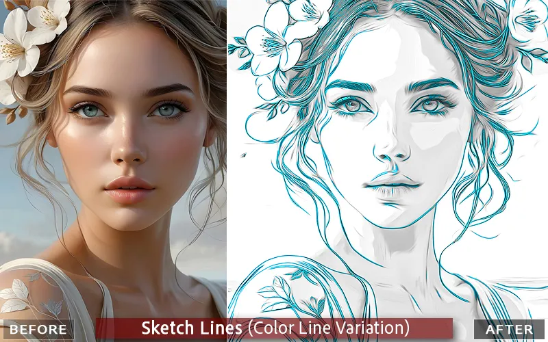 Color sketch lines effect applied to an image of a girl