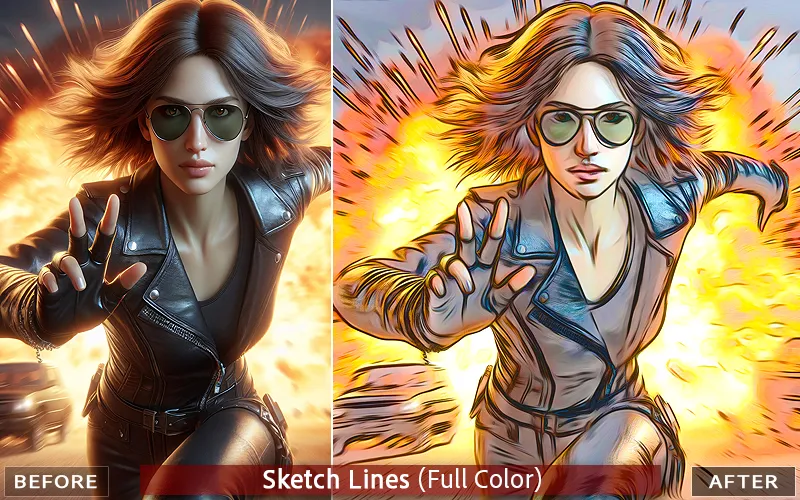 Full color sketch lines effect applied to an image of a girl