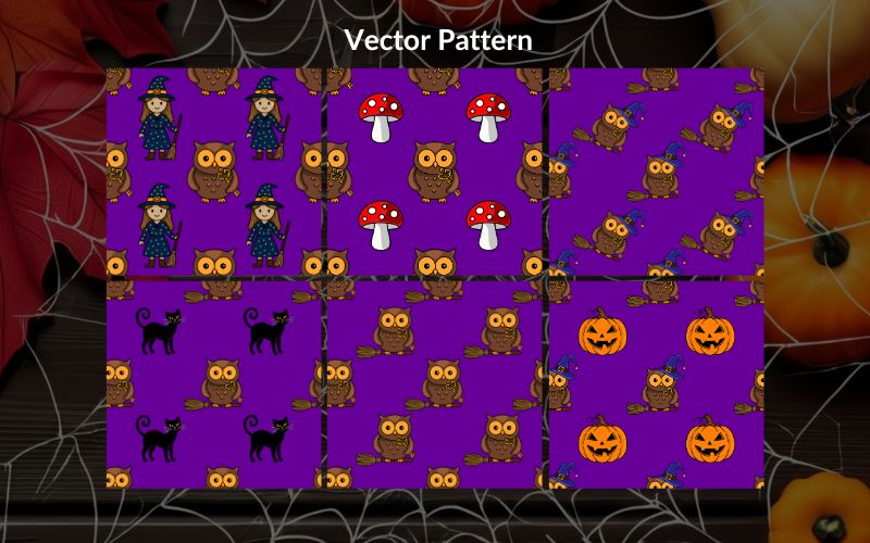 Preview of the Halloween owl vector patterns included in the bundle.