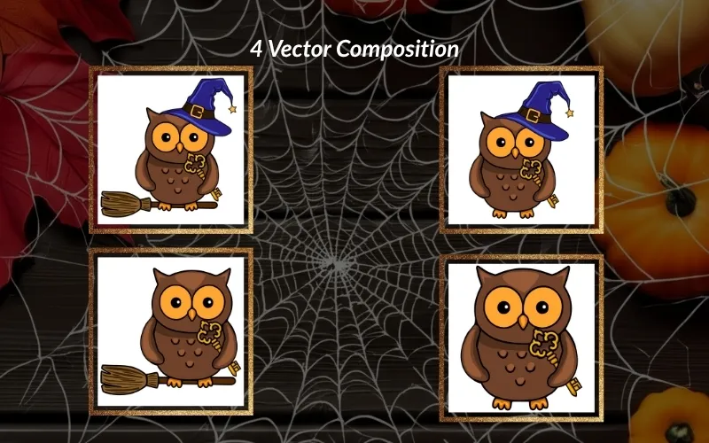 Preview of the Halloween owl vectors included in the bundle.