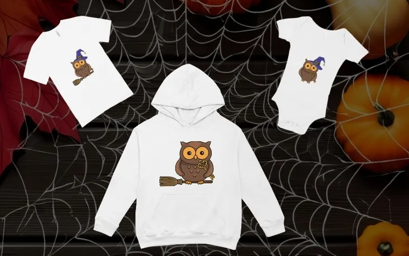 Preview of a Halloween owl vector included in the bundle printed on a white hoodie.