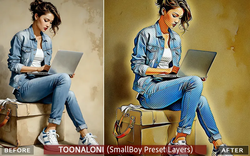 Toonaloni brush effect applied to an image of a working girl