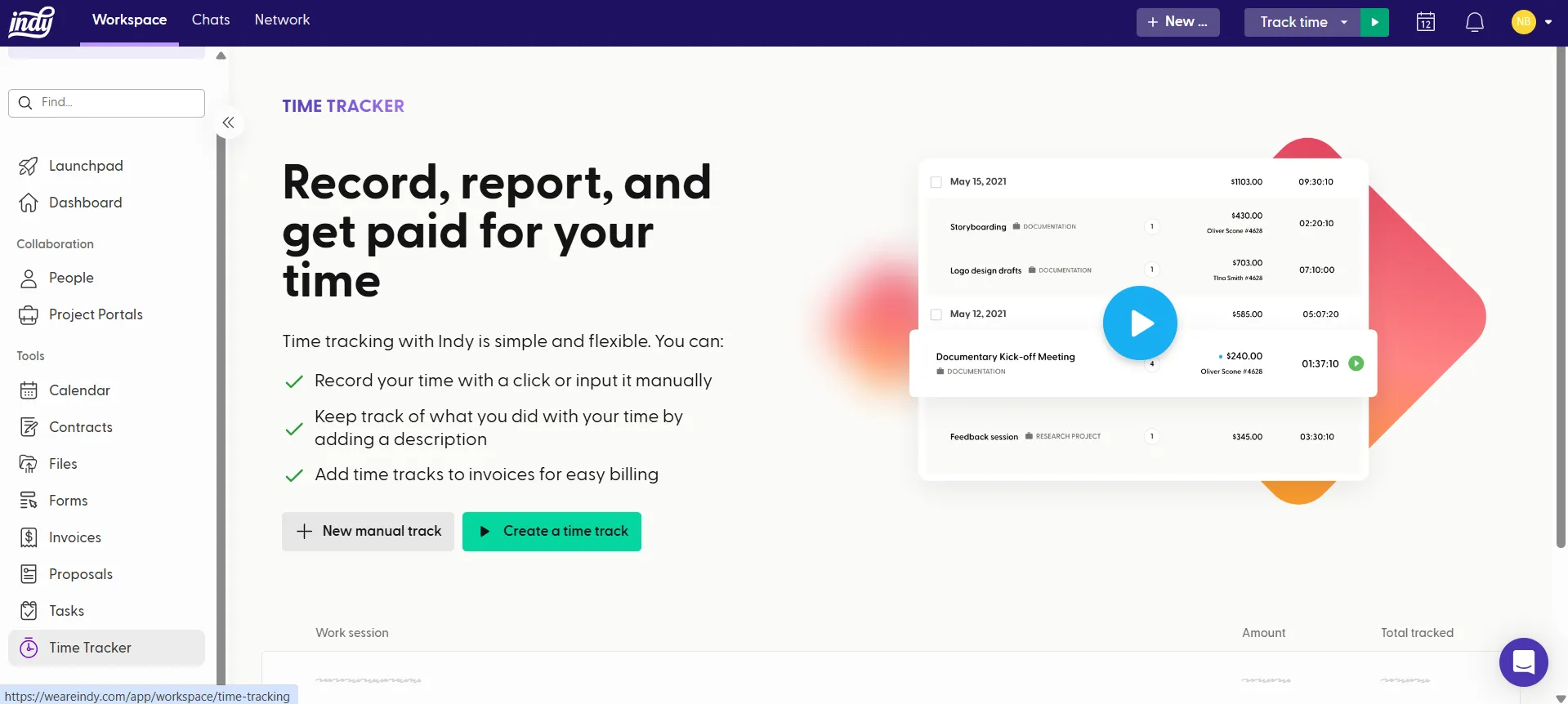 Preview of time tracker feature of Indy Business Management Platform