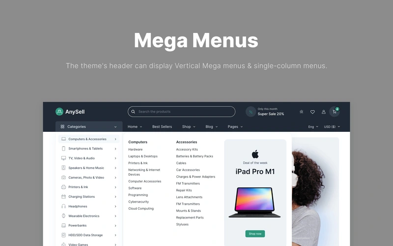 Anysell Mega menu page WordPress template preview image