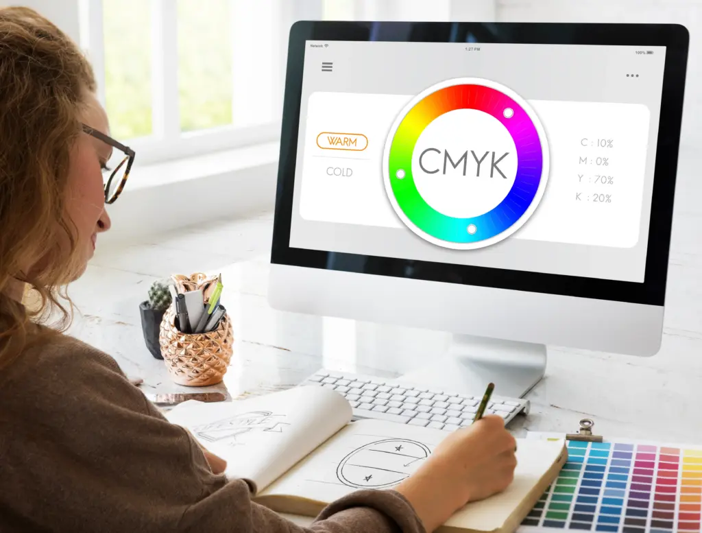 CMYK color pallete with different color optoins on a laptop screen