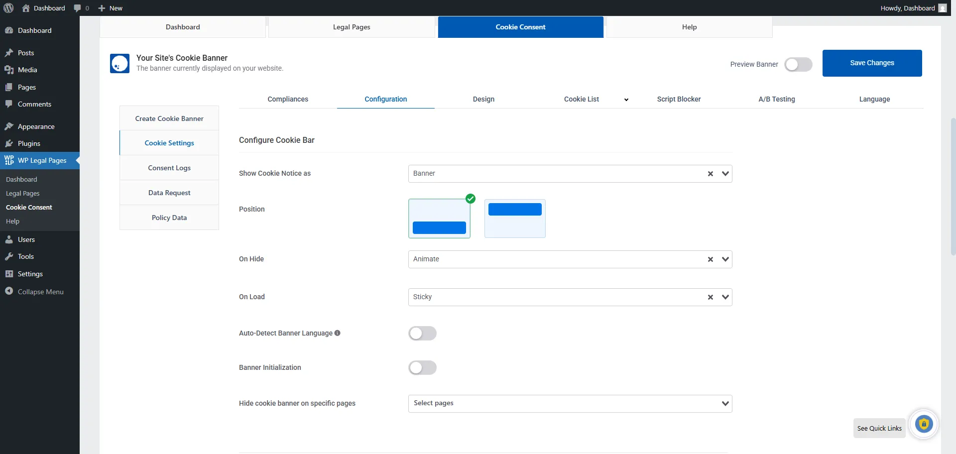 Preview of cookie banner configuration