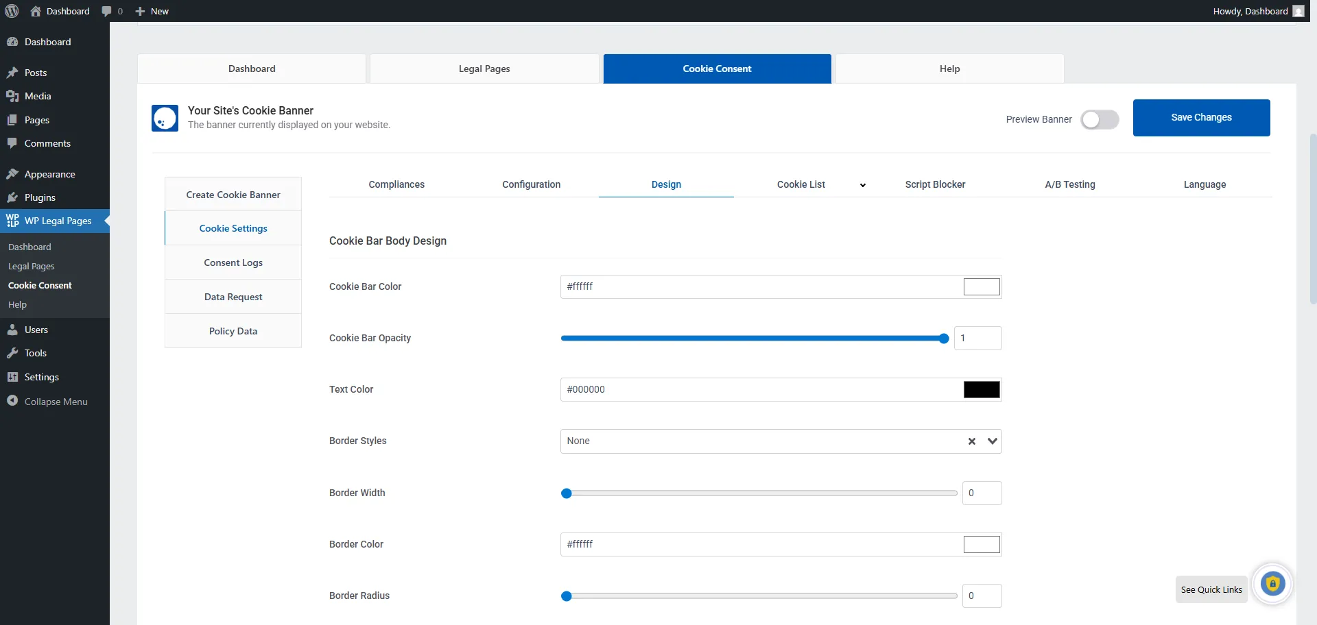 Preview of cookie banner design in WP Legal Pages Compliance Platform