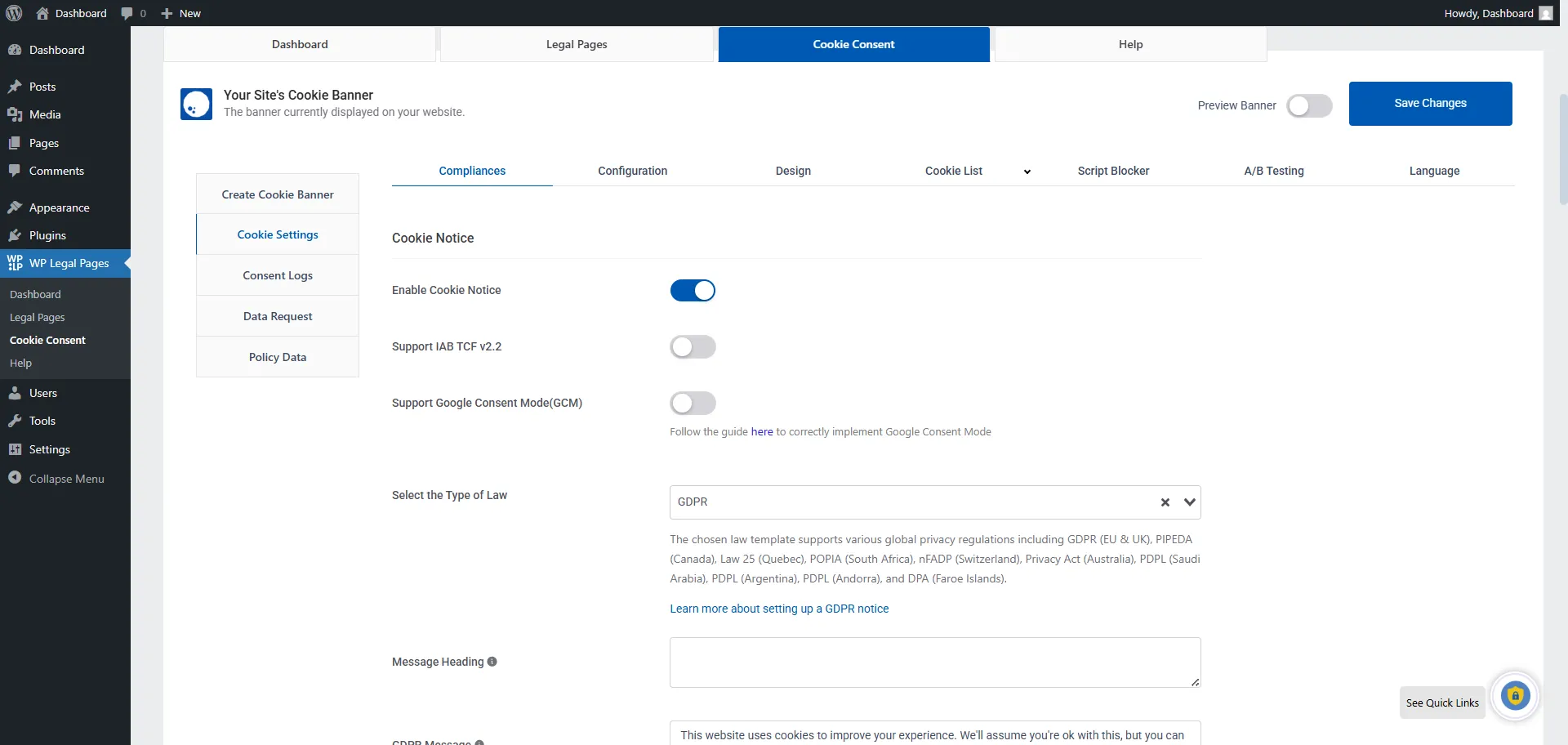 Preview of cookie compliance