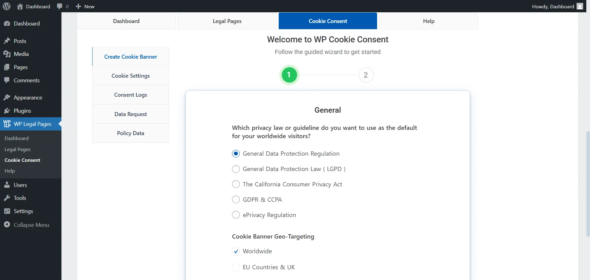 Preview of cookie banner creation in WP Legal Pages Compliance Platform