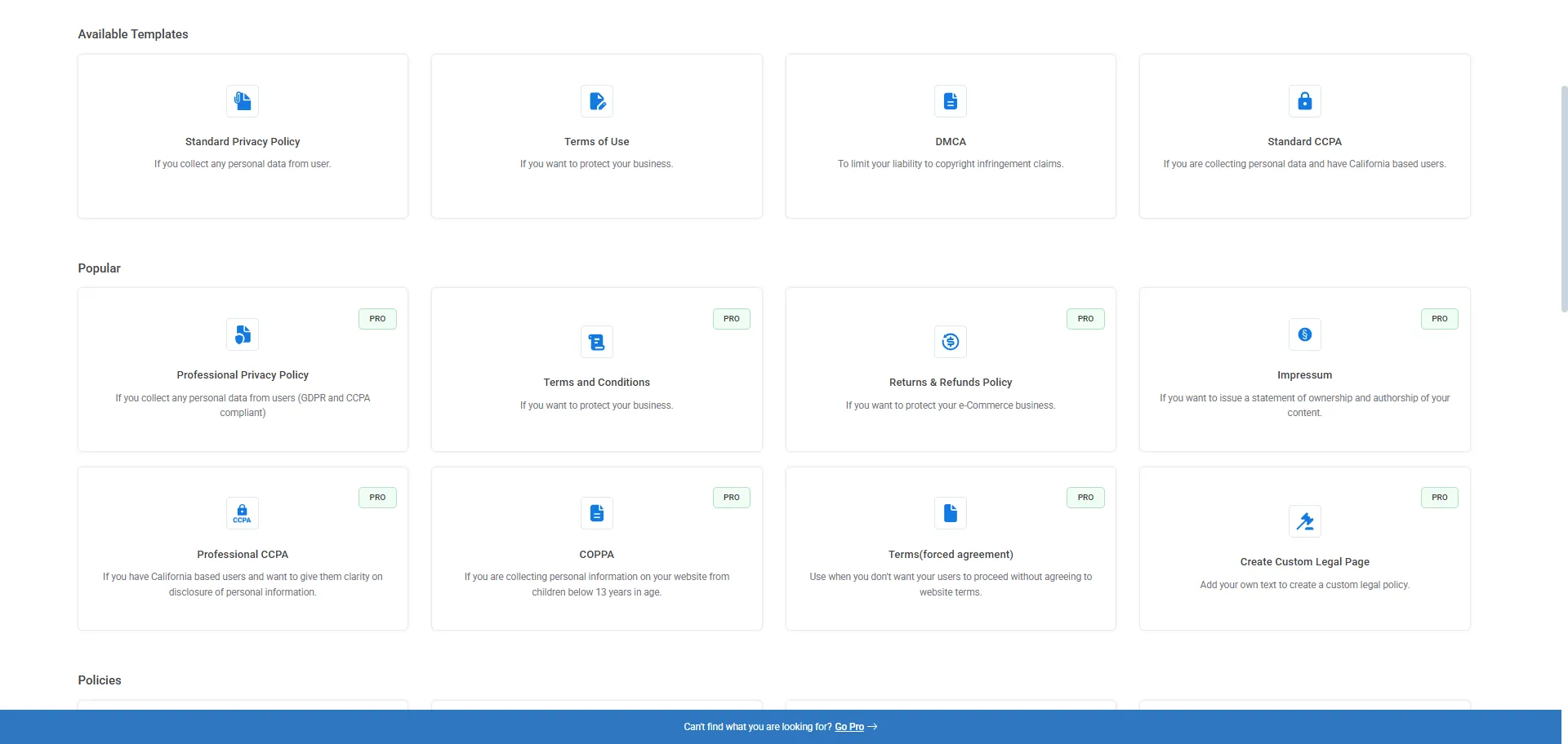 Preview of legal templates in WP Legal Pages Compliance Platform