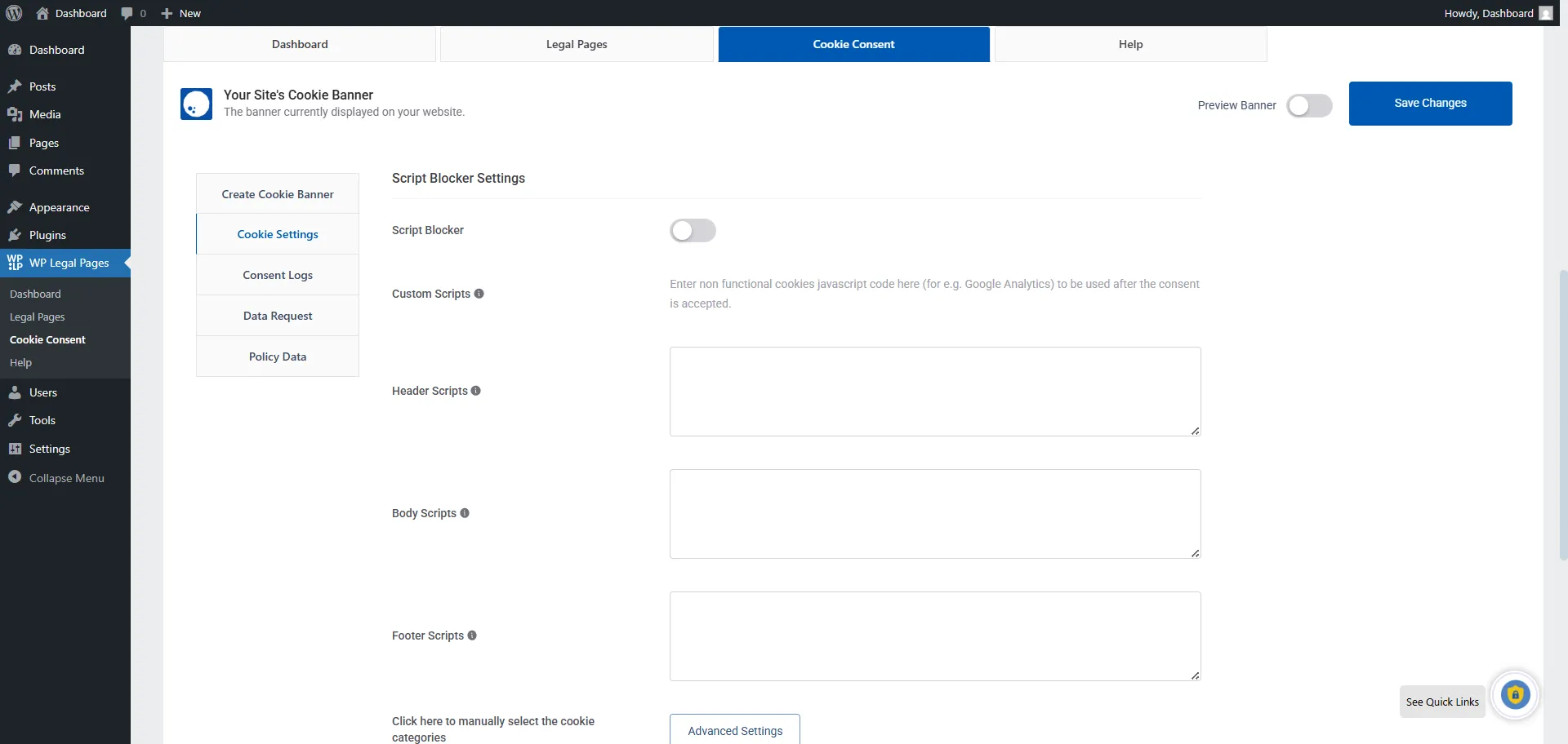 Preview of script blocker in WP Legal Pages Compliance Platform