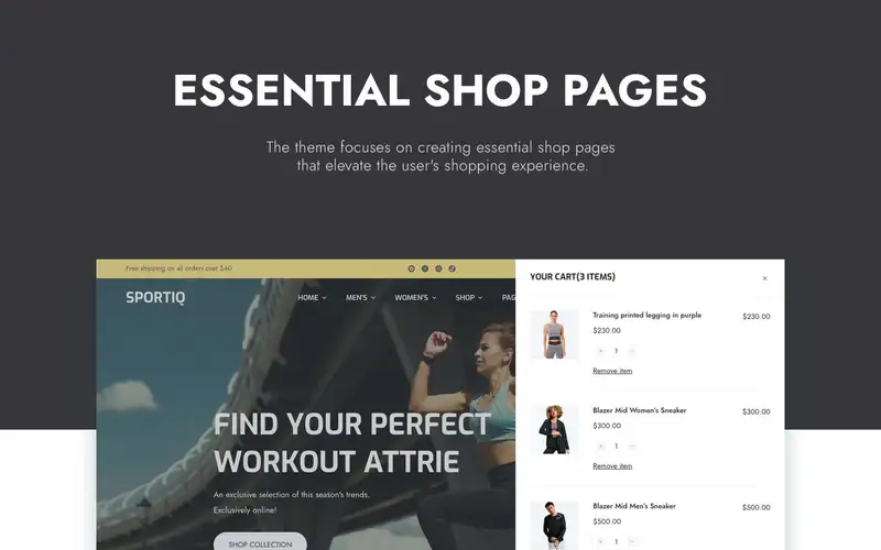 sportiq essential shop pages wordpress templates preview images