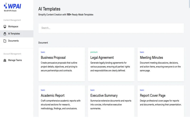 Inbuilt AI Templates Interface