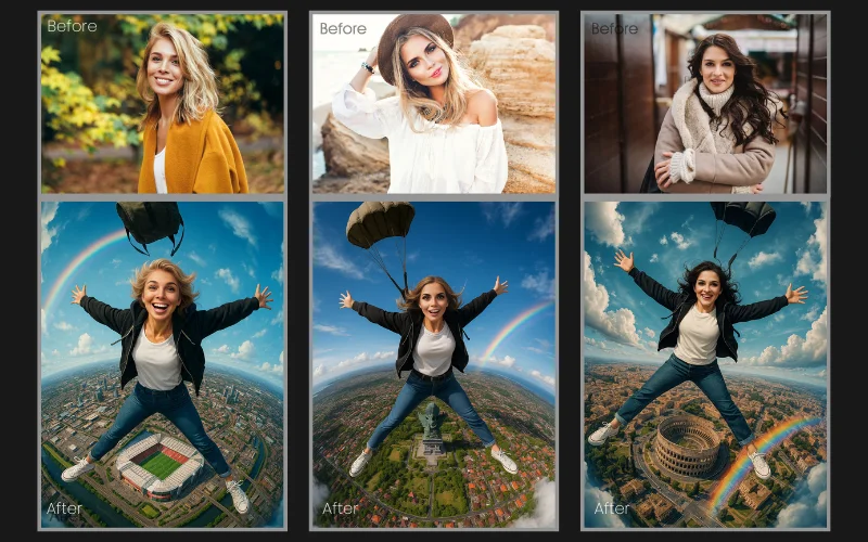 Hot air balloon editing effect applied to a collage of images of a woman.