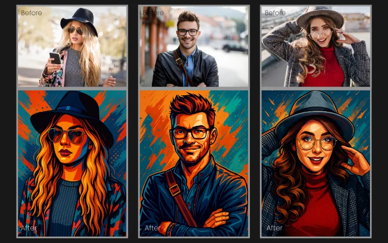 Animation photo editing effect applied to a collage of images of people.