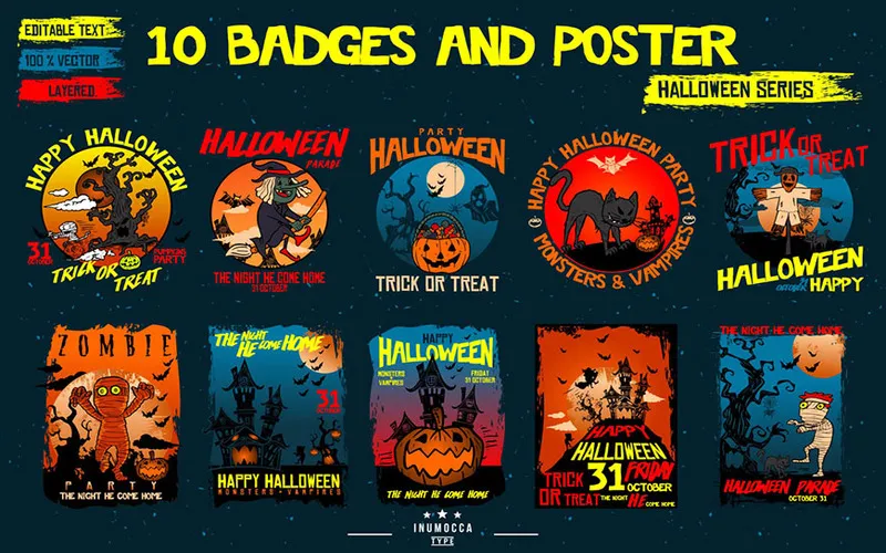 Collage of Halloween Poster & Badge Templates included in the bundle