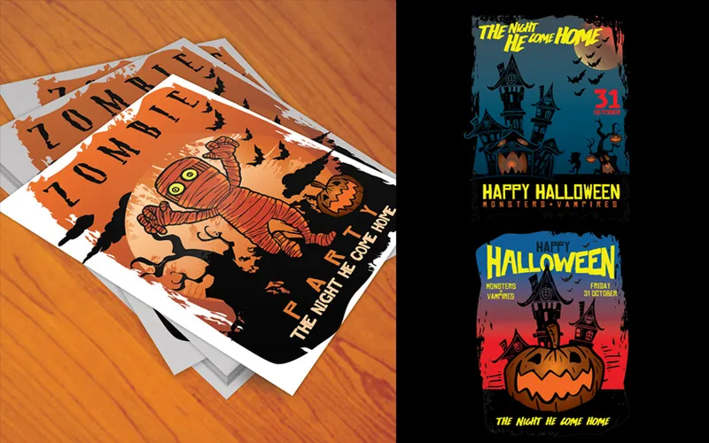 Collage of Halloween poster templates included in the creepy bundle